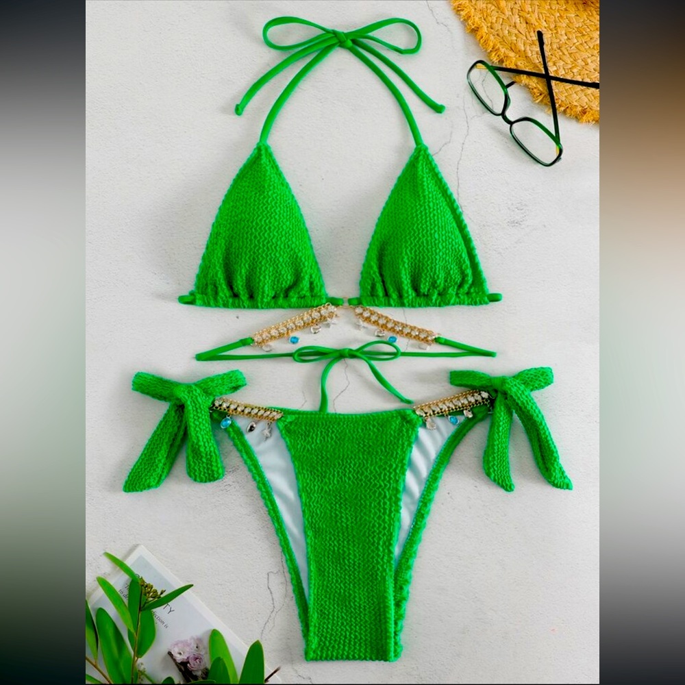 SHEIN BOUDOIRCORE Textured Bikini Set Rhinestone Chain Decor NWOT
